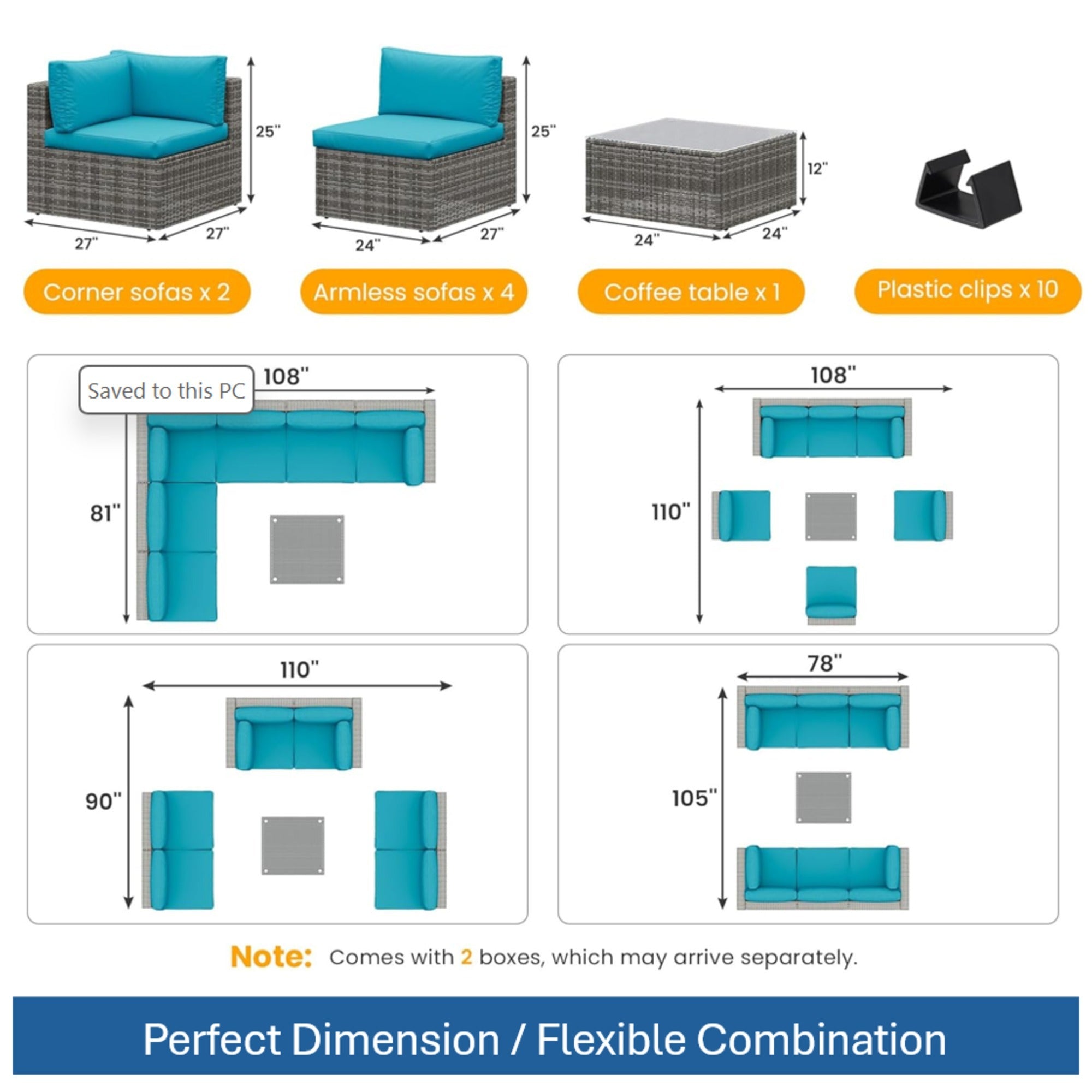 7 Piece Outdoor Sectional Set PE Rattan Gray Blue