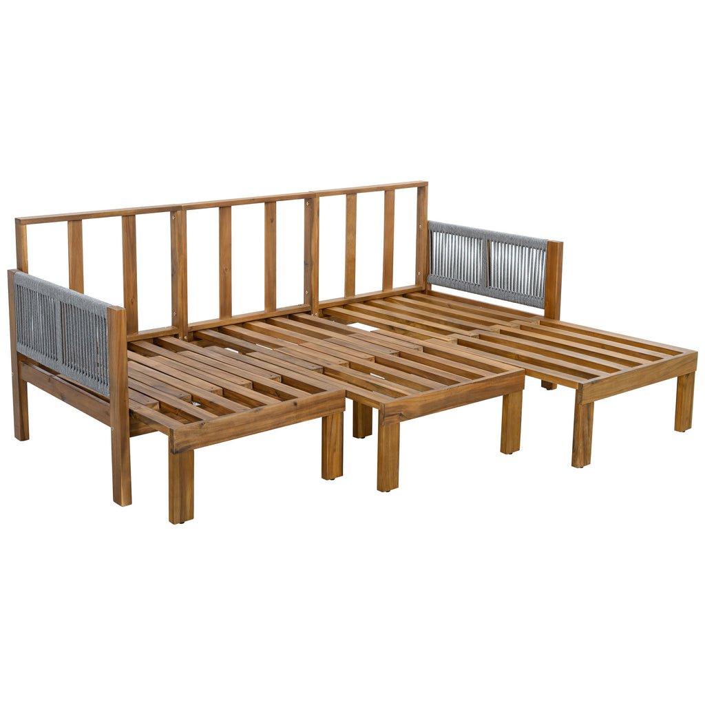 Chaise Lounge Acacia Wood Rope Natural Gray Cushion Convertible 3 Seat