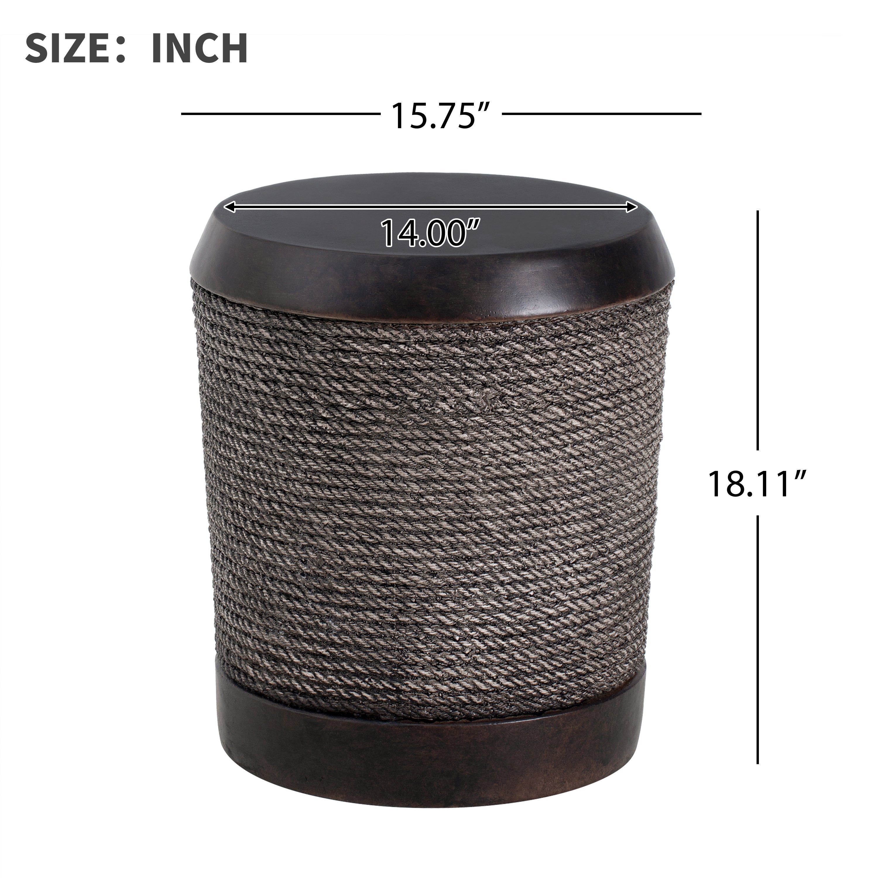 Outdoor Side Table MGO Braided Cord Cylinder Dark Brown 15.75x18in
