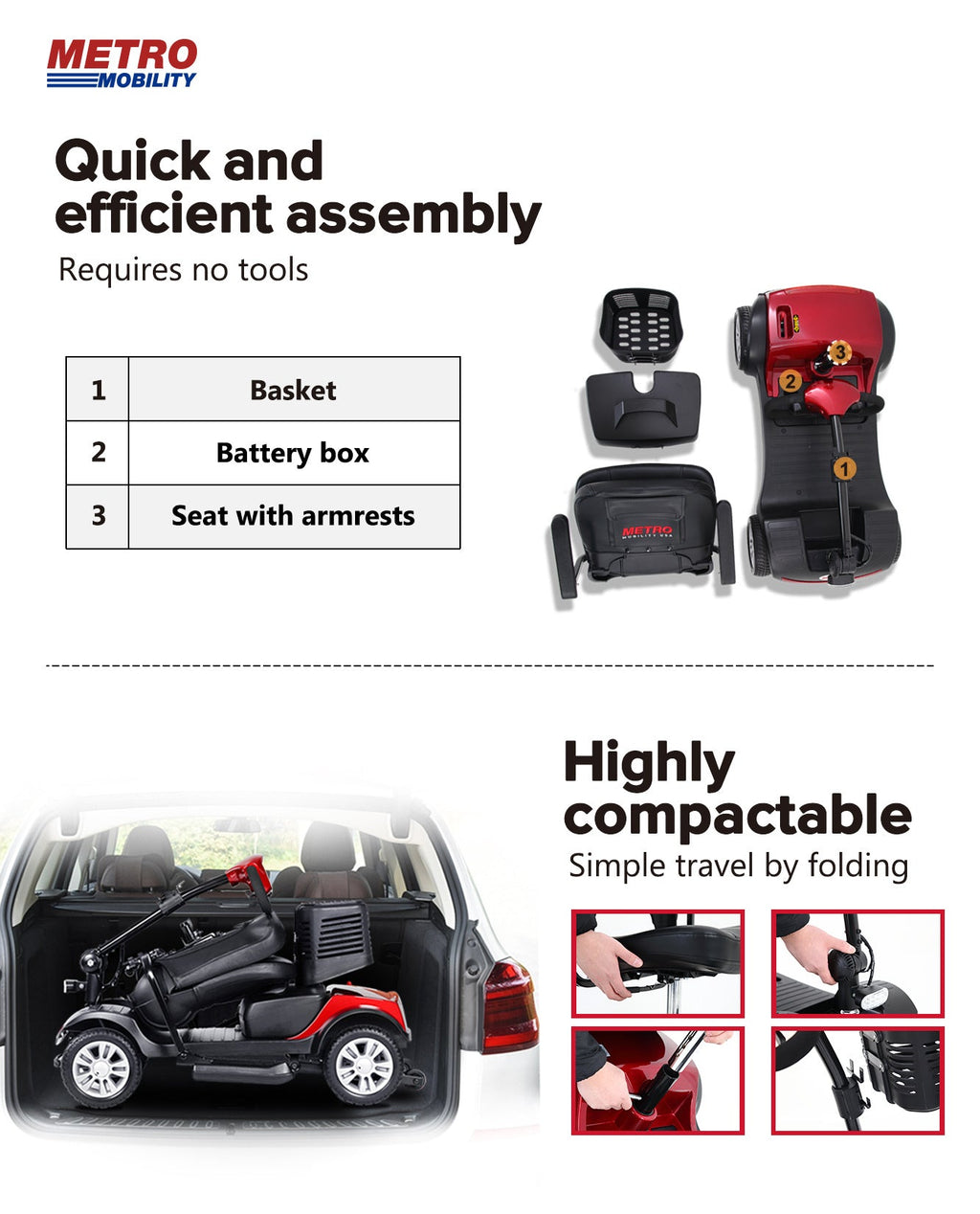 Mobility Scooter 4-Wheel Compact Metal Red 300 LB 10 Mile Rear Suspension