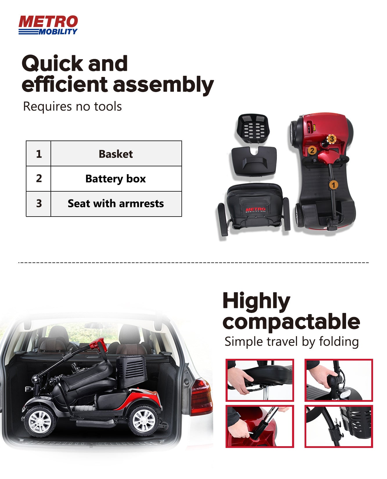 Mobility Scooter 4-Wheel Compact Metal Red 300 LB 10 Mile Rear Suspension
