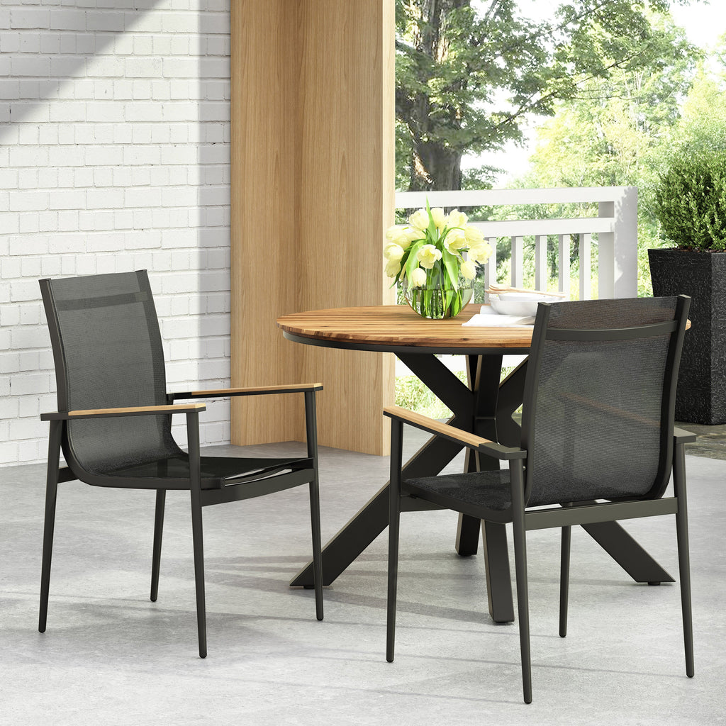 Dining Chair Outdoor Aluminum Mesh Black Natural Faux Wood Accent 22x25x36 In