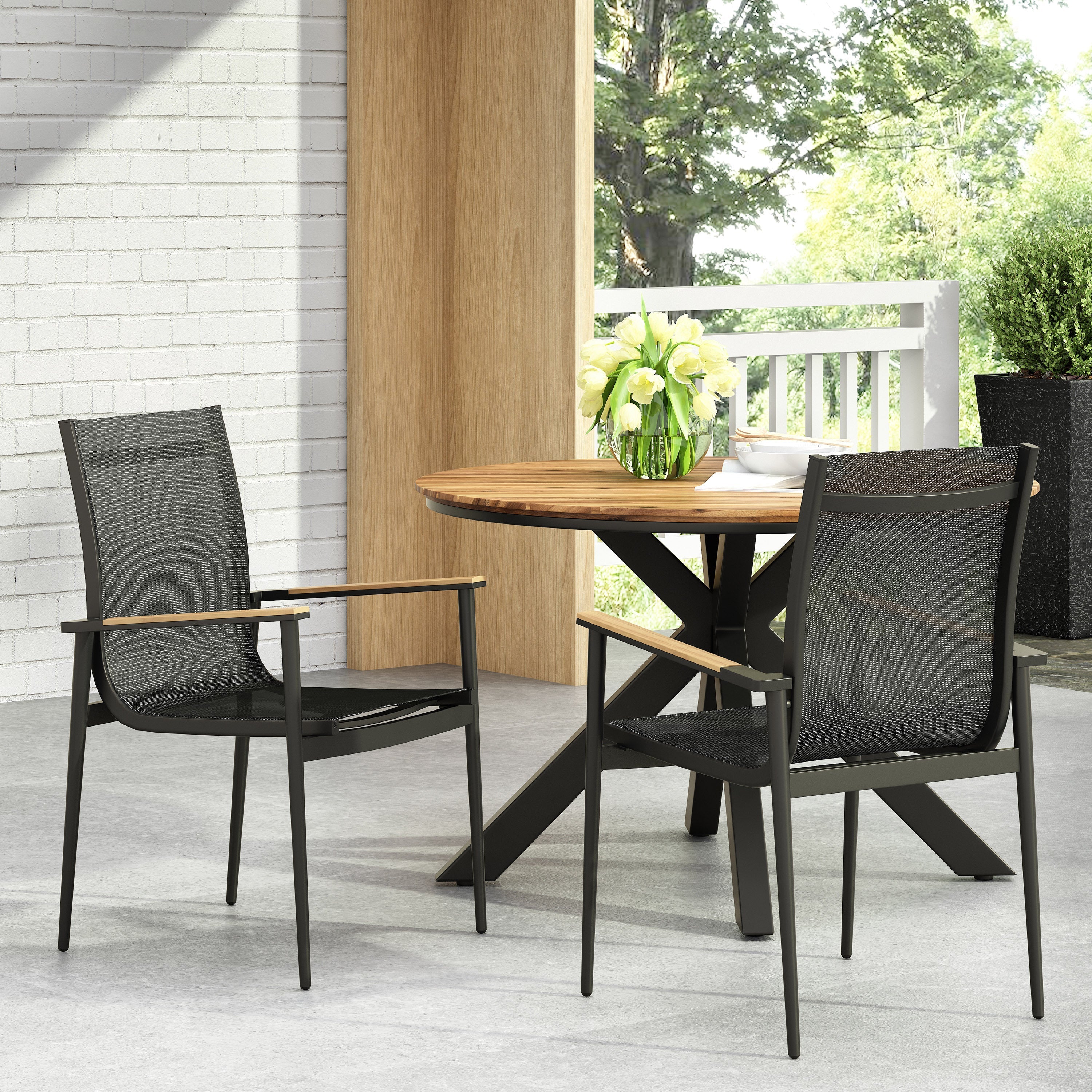 Dining Chair Outdoor Aluminum Mesh Black Natural Faux Wood Accent 22x25x36 In