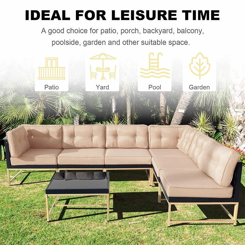 Outdoor Sectional Set Iron Frame Brown Beige 7 Piece Glass Table 106 In
