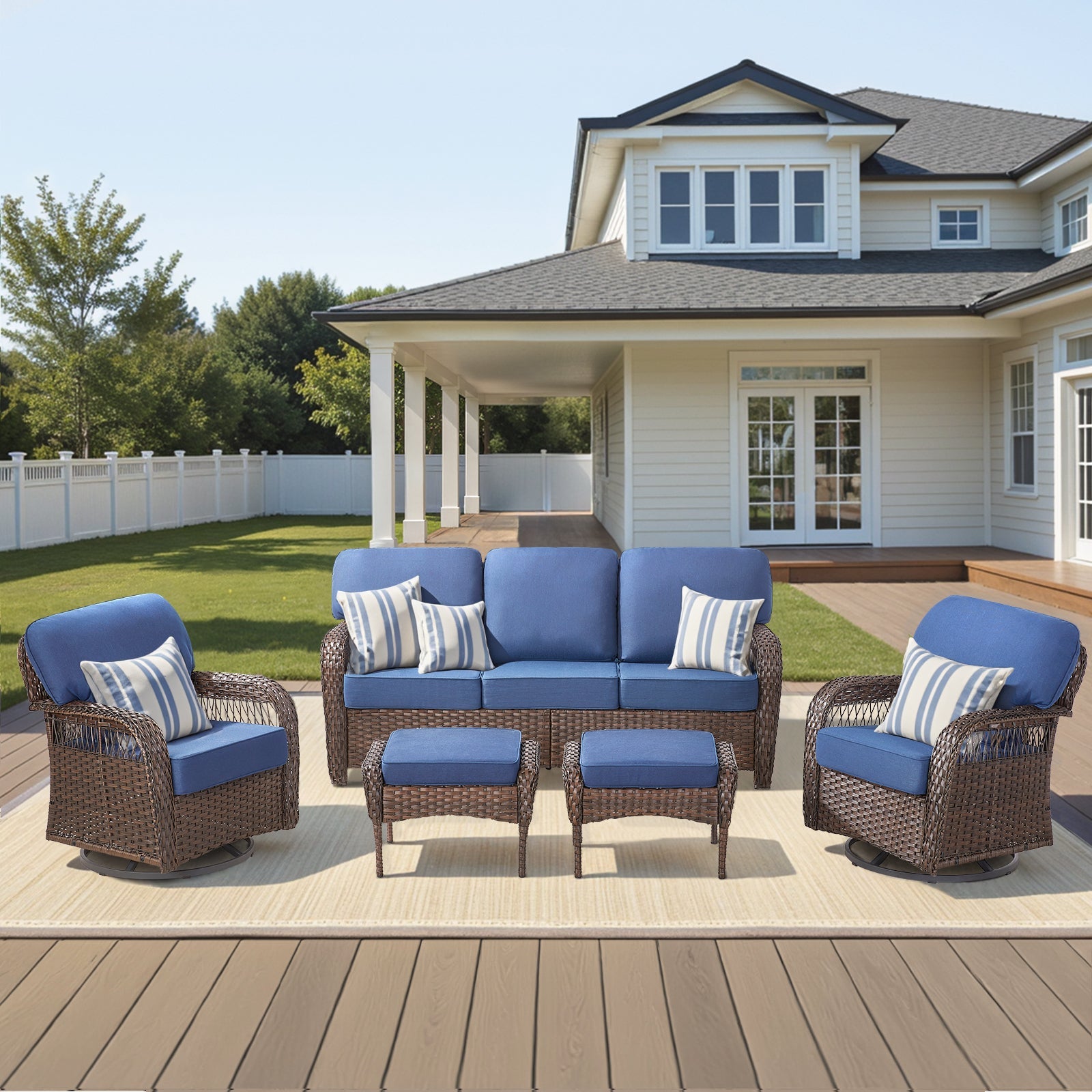Outdoor Patio Set PE Rattan Blue 5 Piece T-Back Swivel High Back Chairs