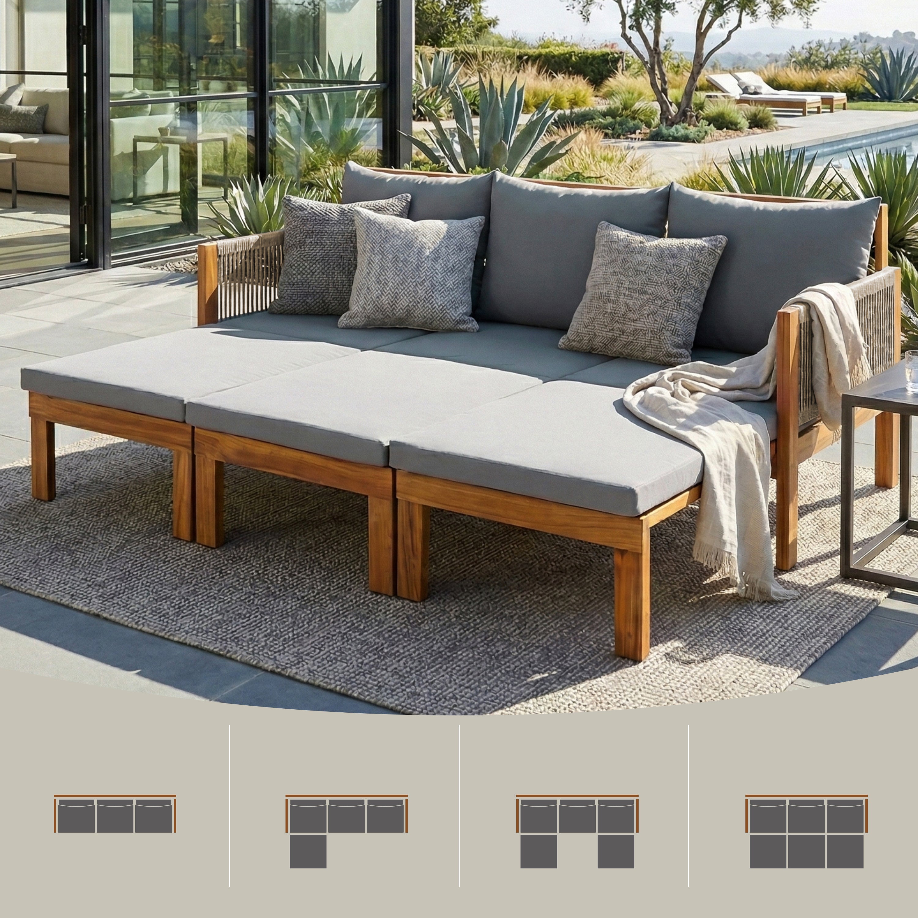 Chaise Lounge Acacia Wood Rope Natural Gray Cushion Convertible 3 Seat