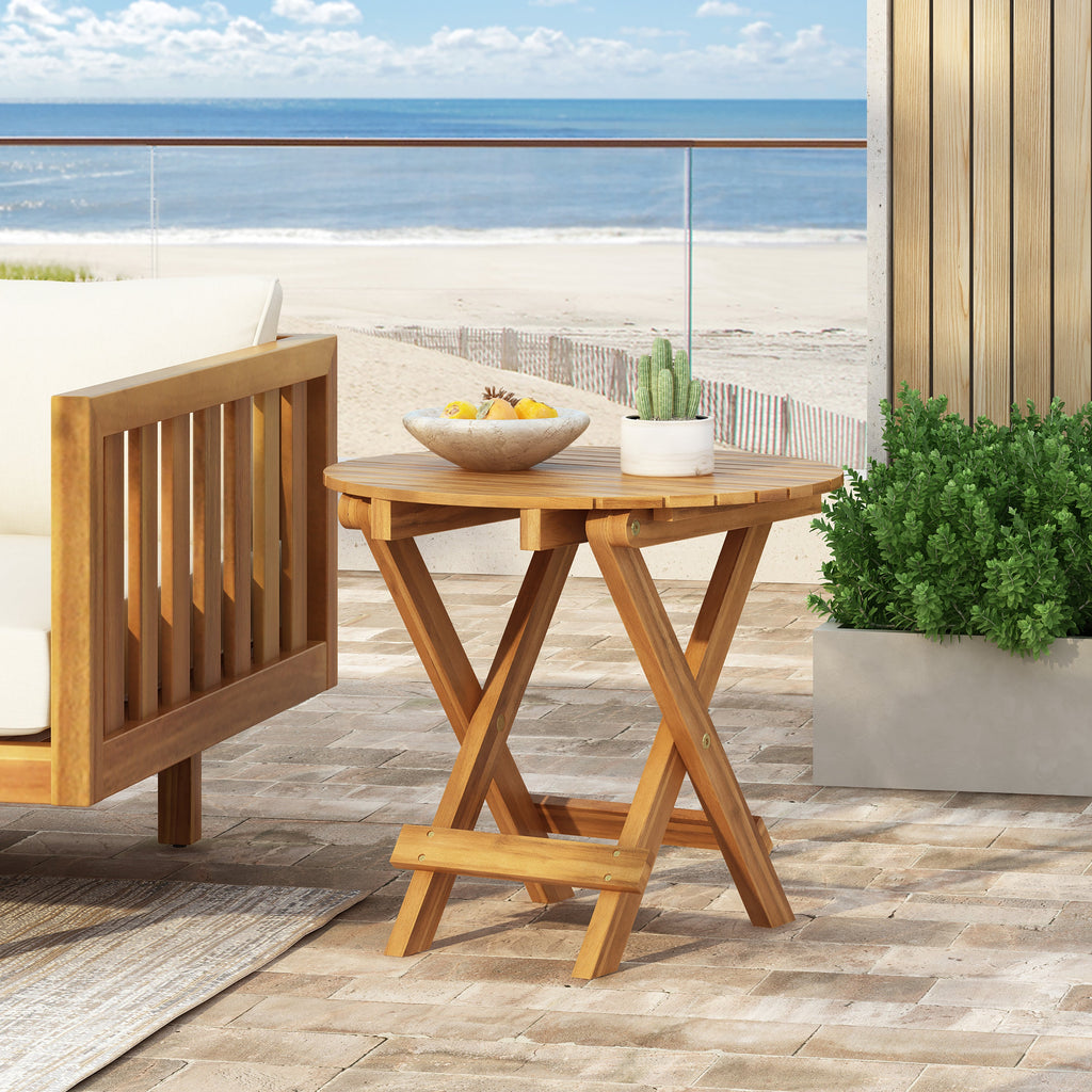 Outdoor Conversation Set Acacia Wood Cream Cushion 3 Piece Foldable