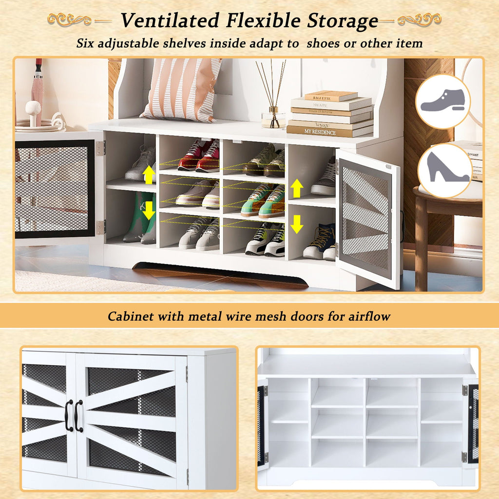 Entryway Bench With Coat Rack, 3 In 1 Design And Adjustable Shelves