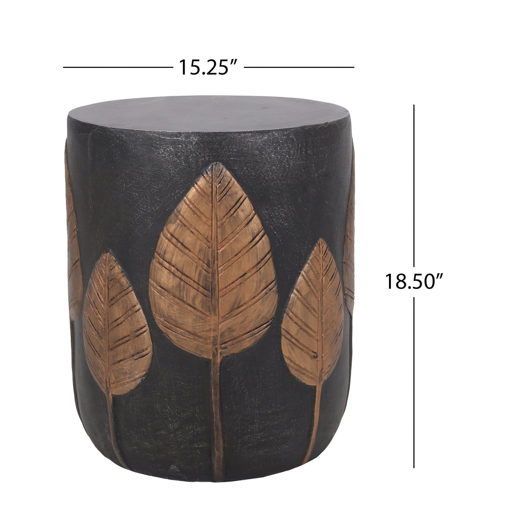 Outdoor Side Table Round MGO Concrete Copper Leaf Pattern 15.25x18.5in