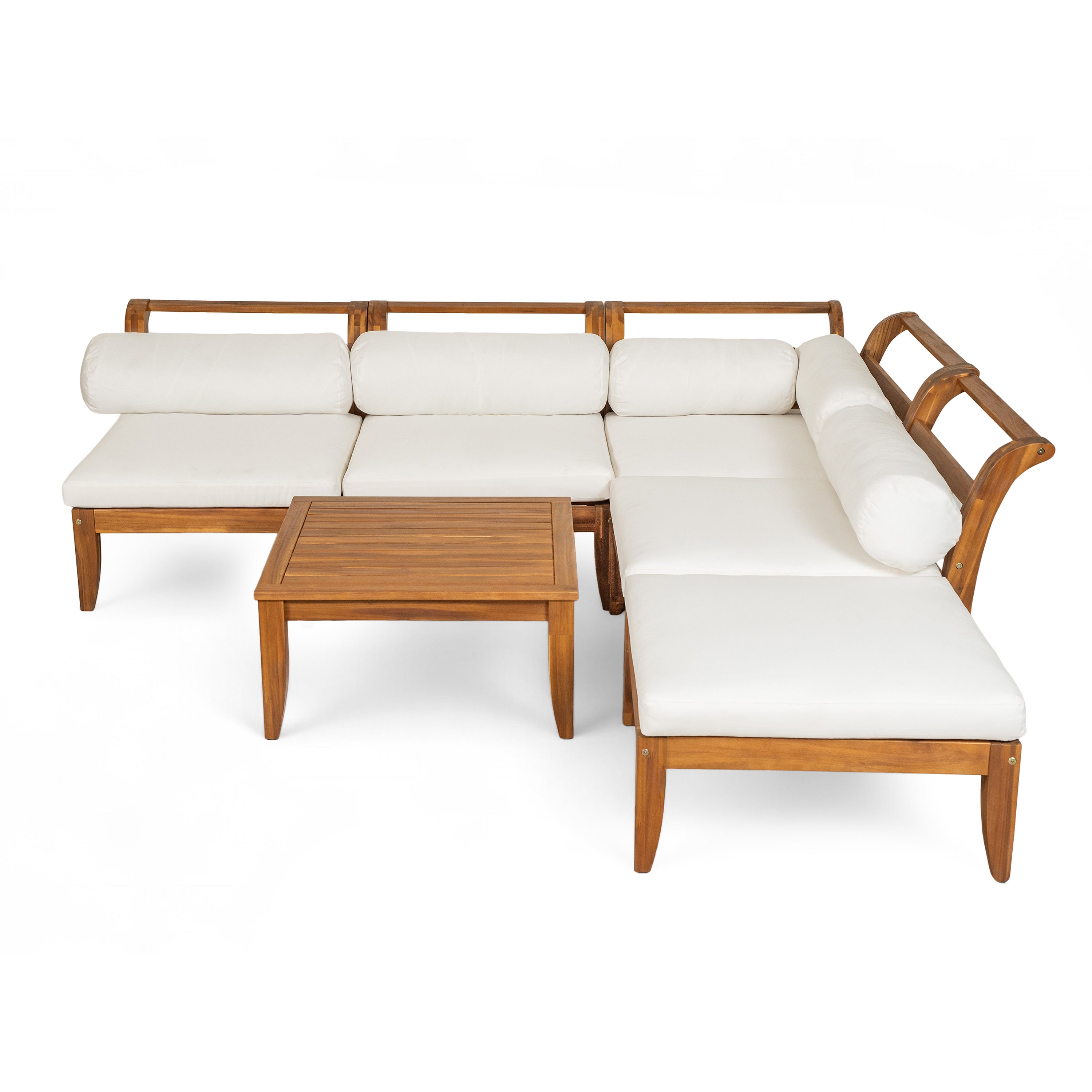 Outdoor Patio Set L-Shape Acacia Wood Teak Beige Cushions 6 Piece