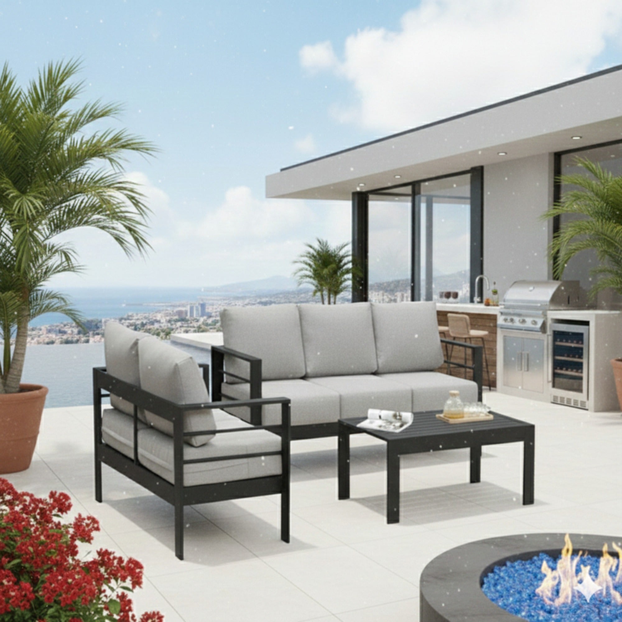 3 Piece Outdoor Patio Set Aluminum Black Gray Cushions