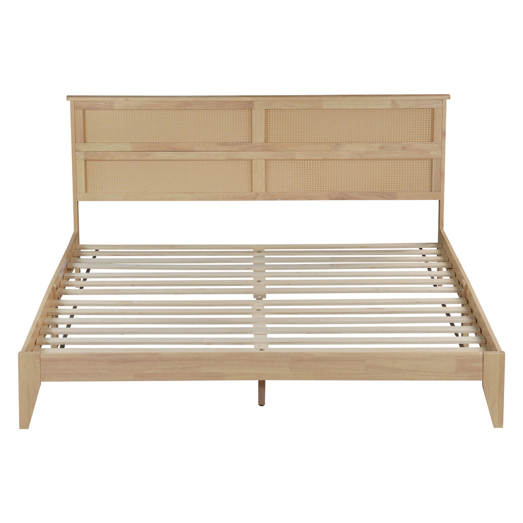 King Size Solid Wood Bed with Rattan Headboard, Rubber Wood Bed with Central