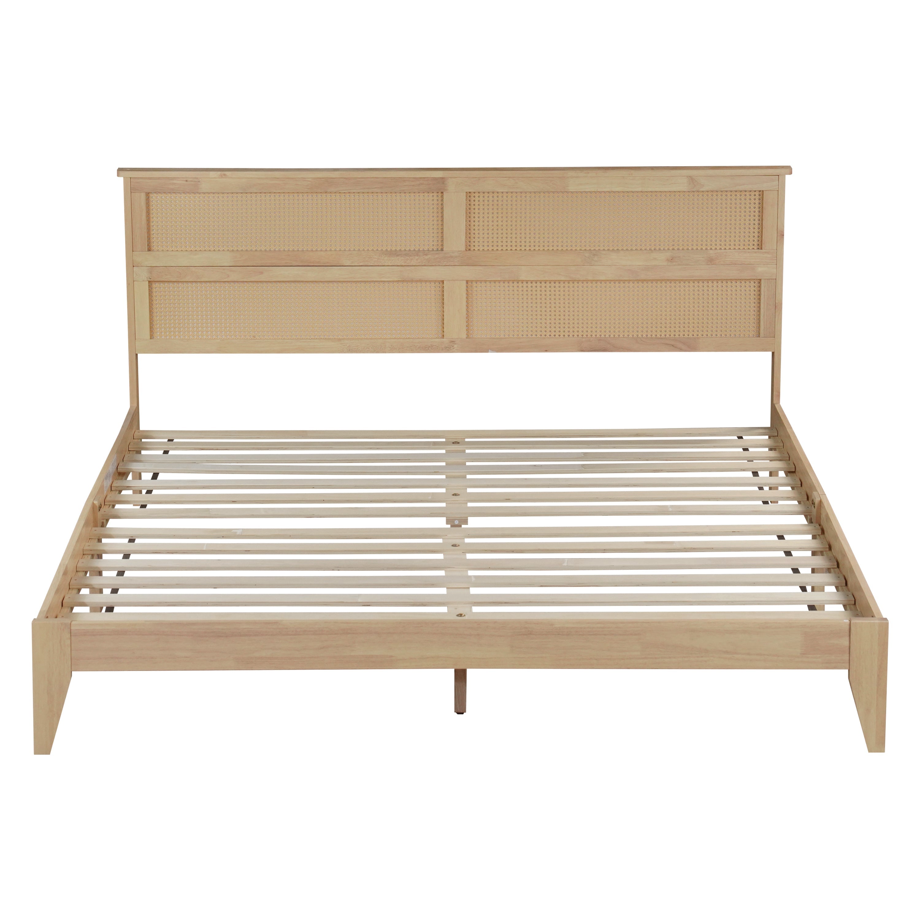 King Size Solid Wood Bed with Rattan Headboard, Rubber Wood Bed with Central