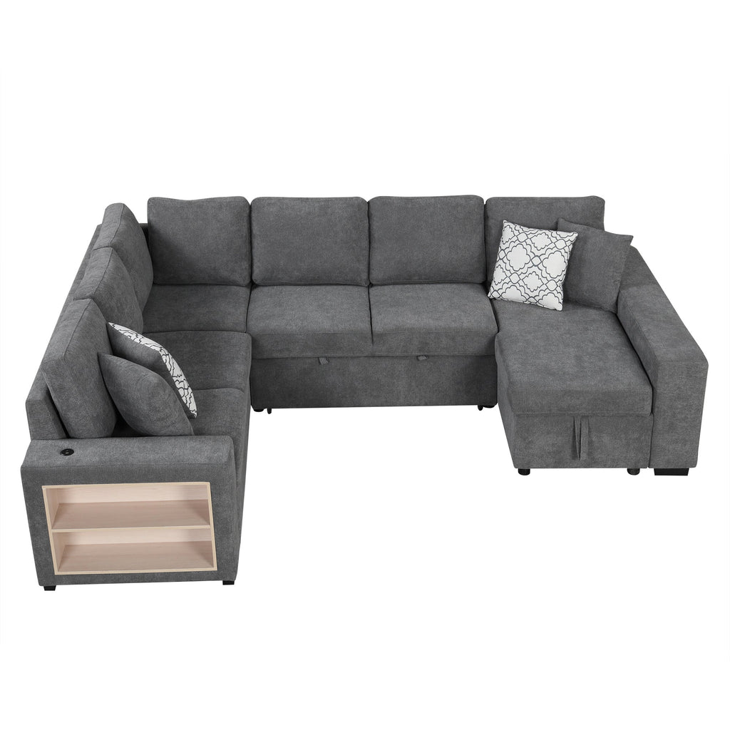 Sectional Sofa U-Shape Chenille Gray 5 Seat USB Ports Pull-Out 109 In