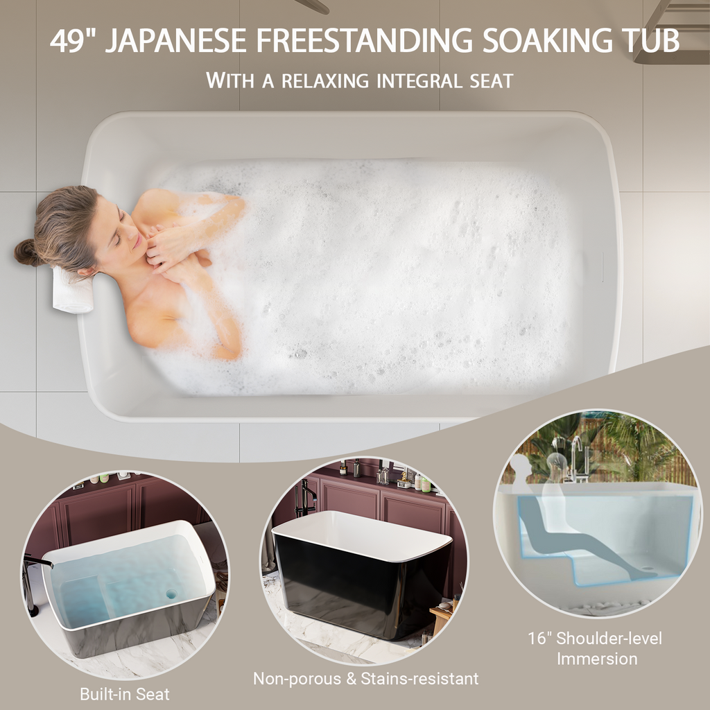 Freestanding Acrylic Soaking Bathtub 49x27.95x24" Square Japanese