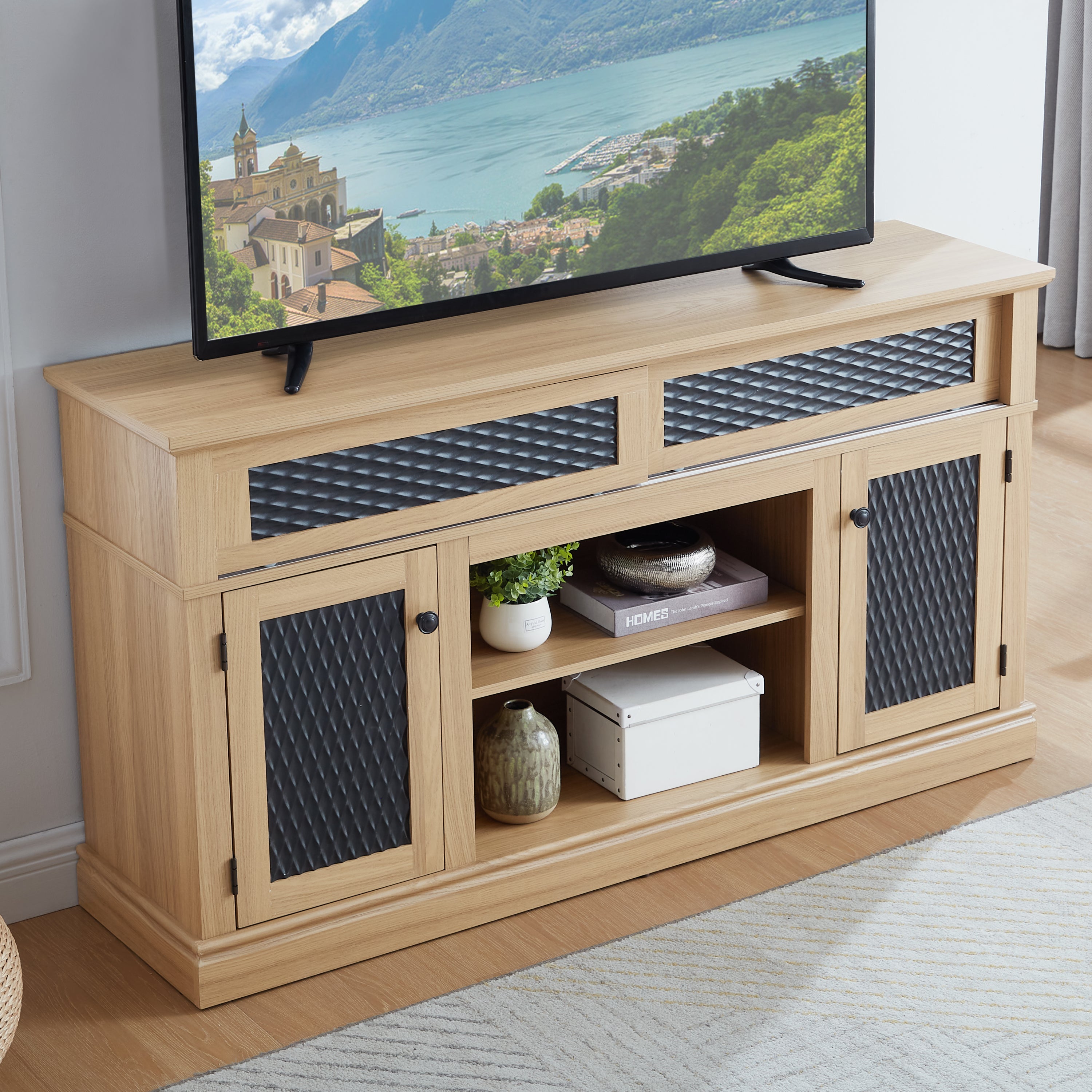 TV Stand Farmhouse Light Oak MDF Embossed Doors 3-Shelf Fits 65 In TV 58.27 In