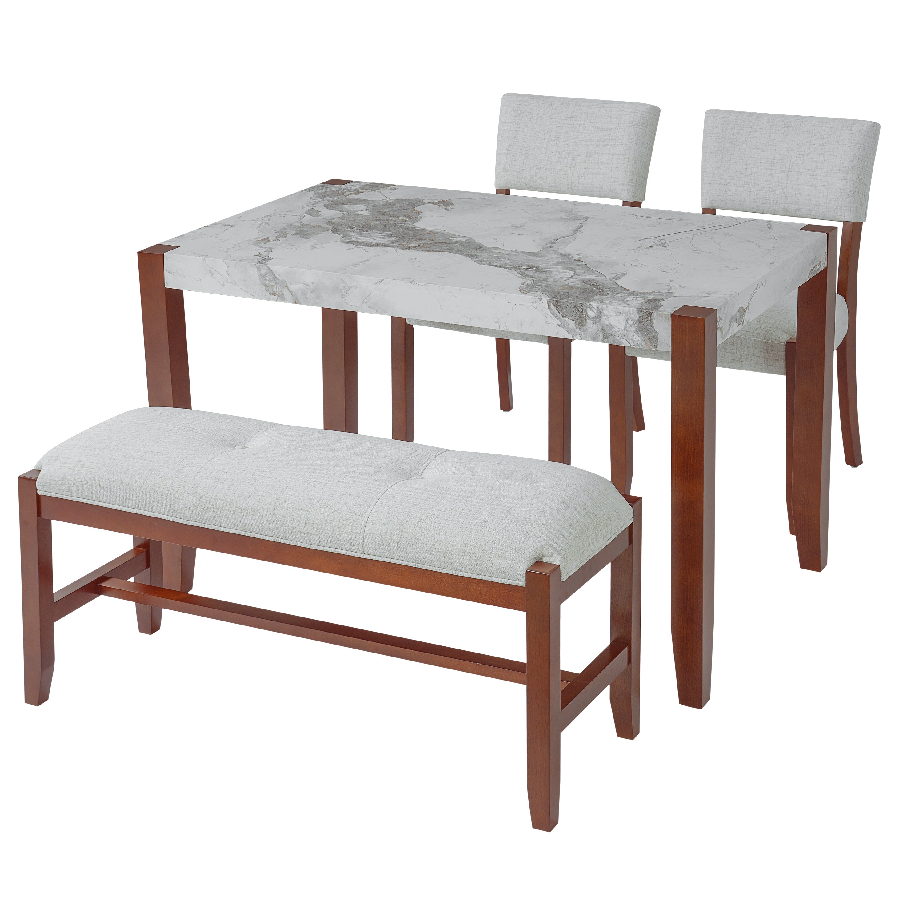 4-Piece Dining Set, 1 Marble-Look Table with 2 Upholstered Chairs and 1 Bench