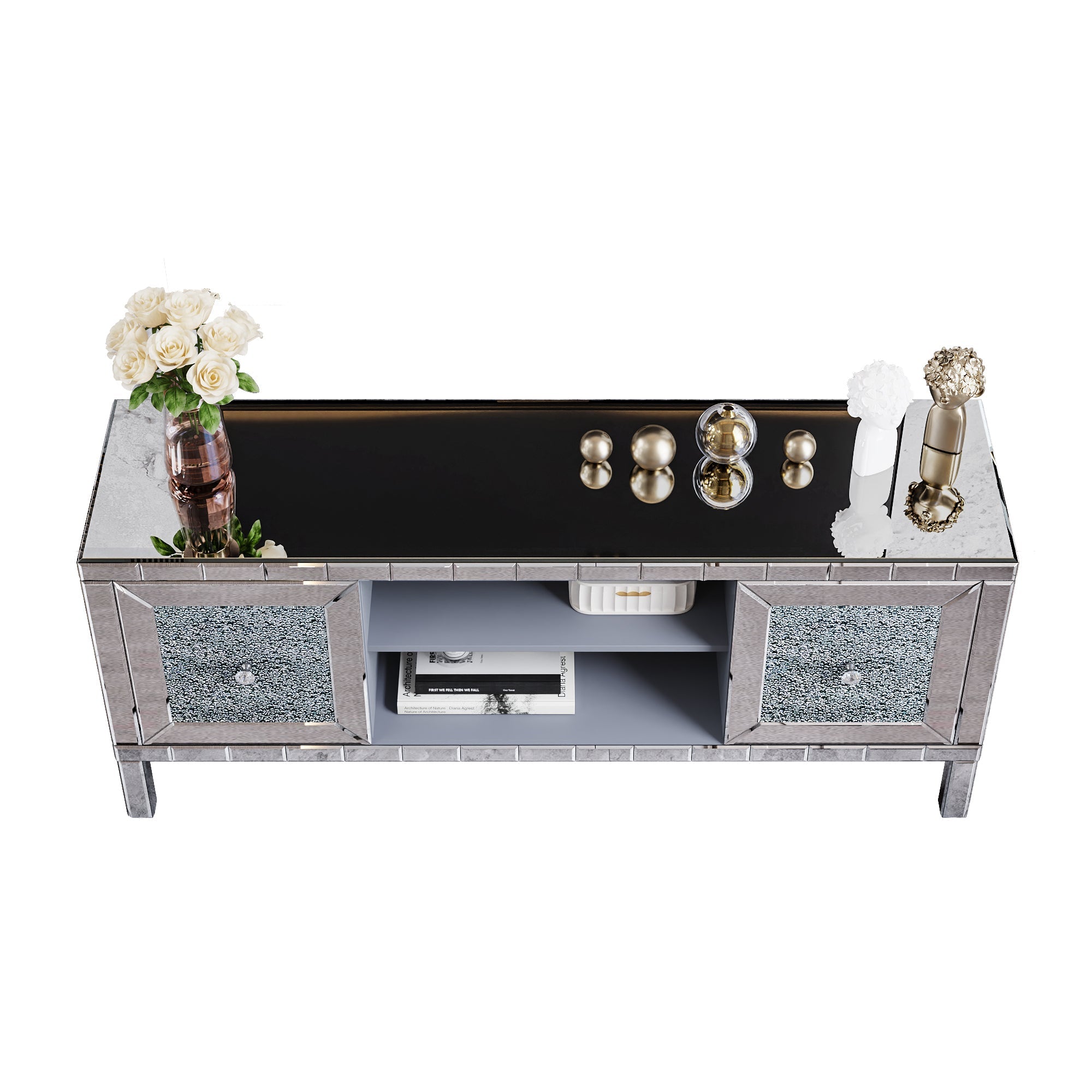 TV Stand Mirrored Crushed Diamond Glass Silver 59 In Fits 65 In TV