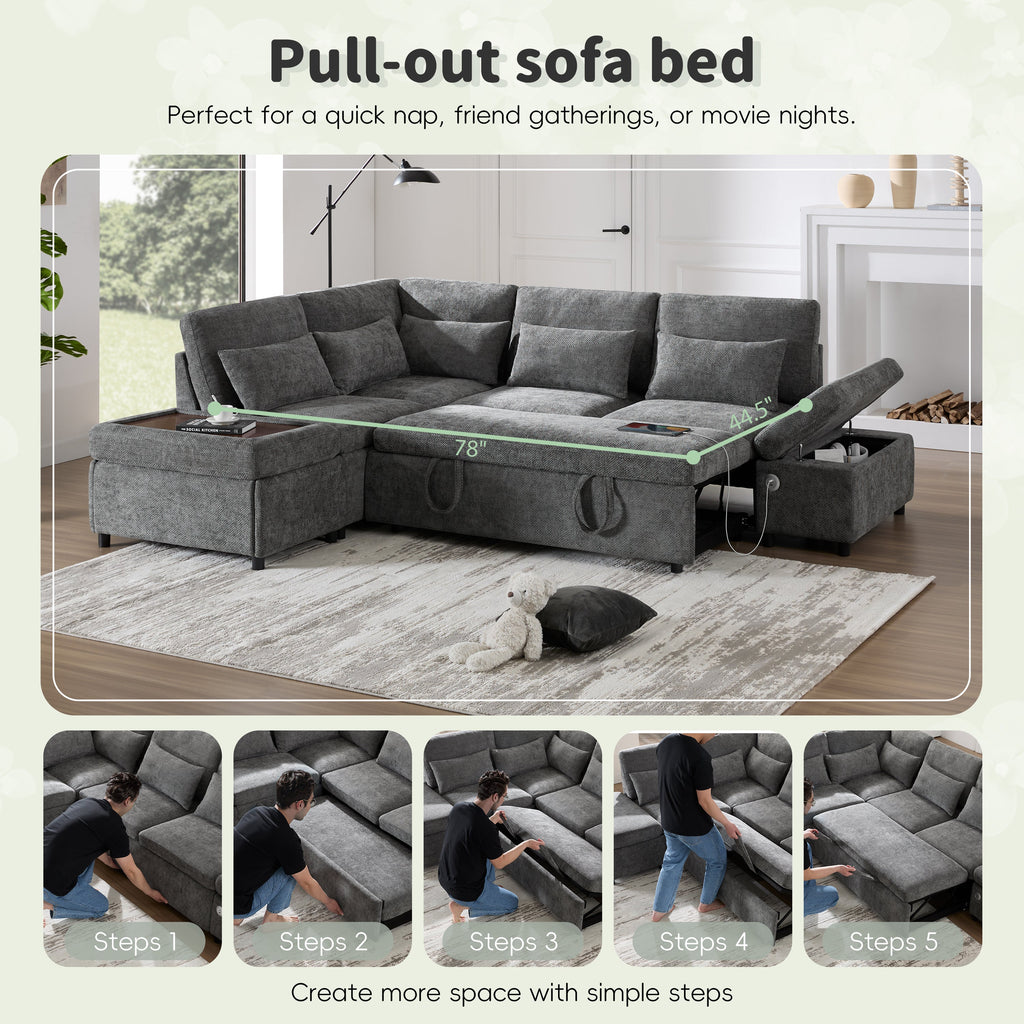 Sofa Bed L-Shape Chenille Gray 6 Seat Pull-Out USB Ports 107 In