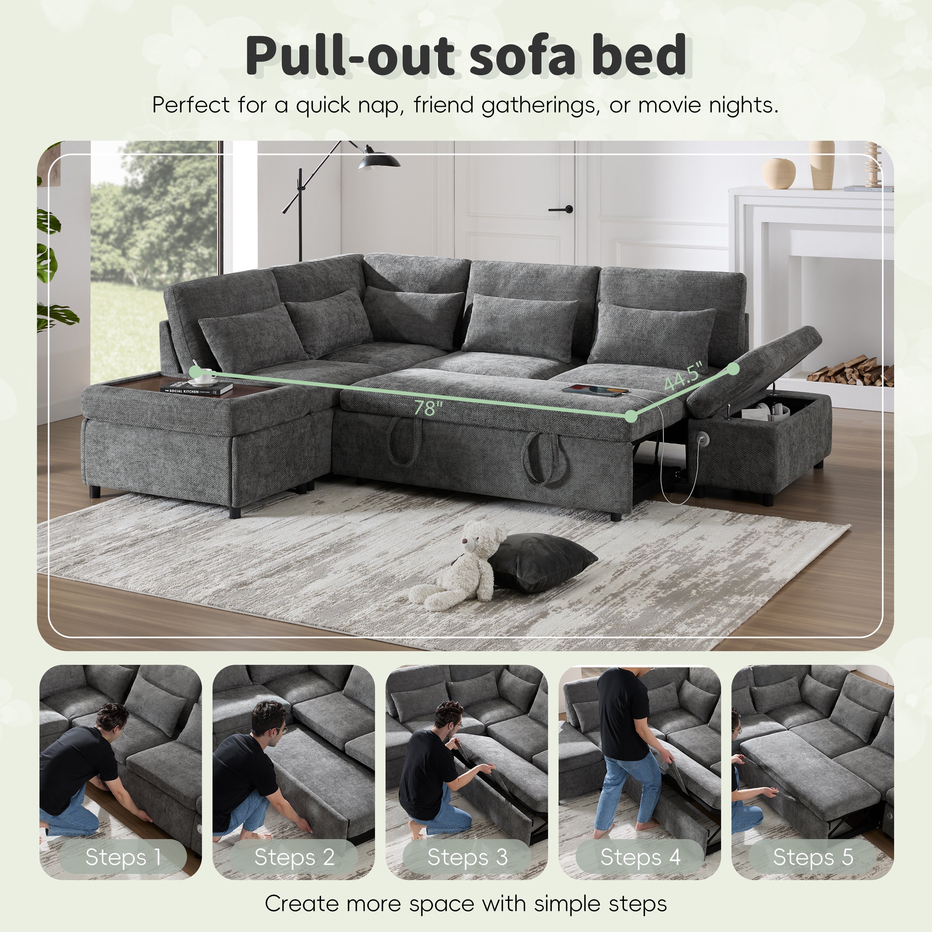 Sofa Bed L-Shape Chenille Gray 6 Seat Pull-Out USB Ports 107 In