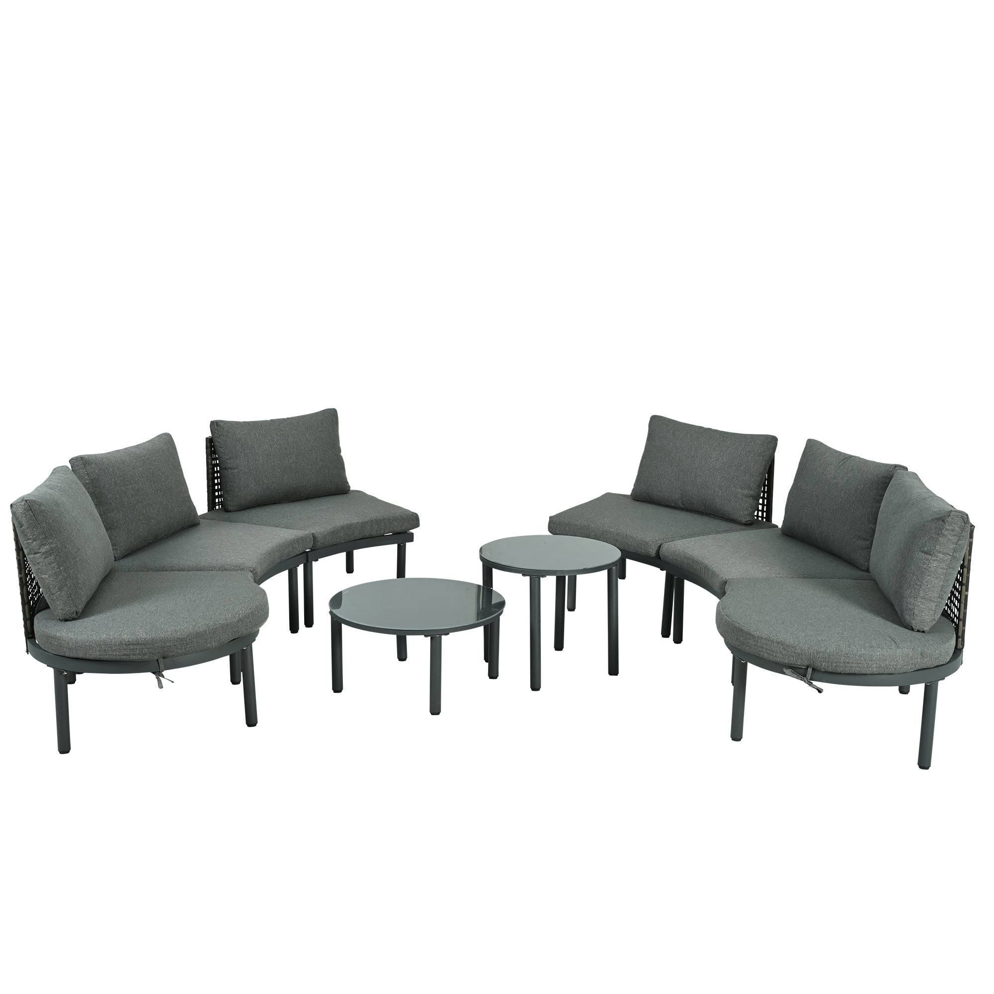 Outdoor Patio Set Half Moon Wicker Aluminum Gray 8 Piece 2 Tables