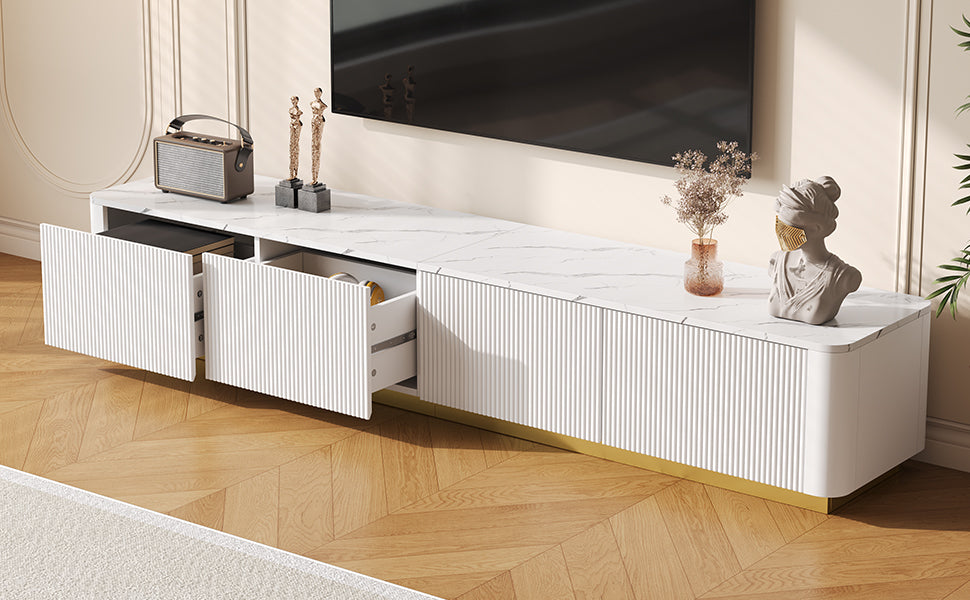 Luxury Fluted White TV Stand Faux Marble Top 4-Drawer 85