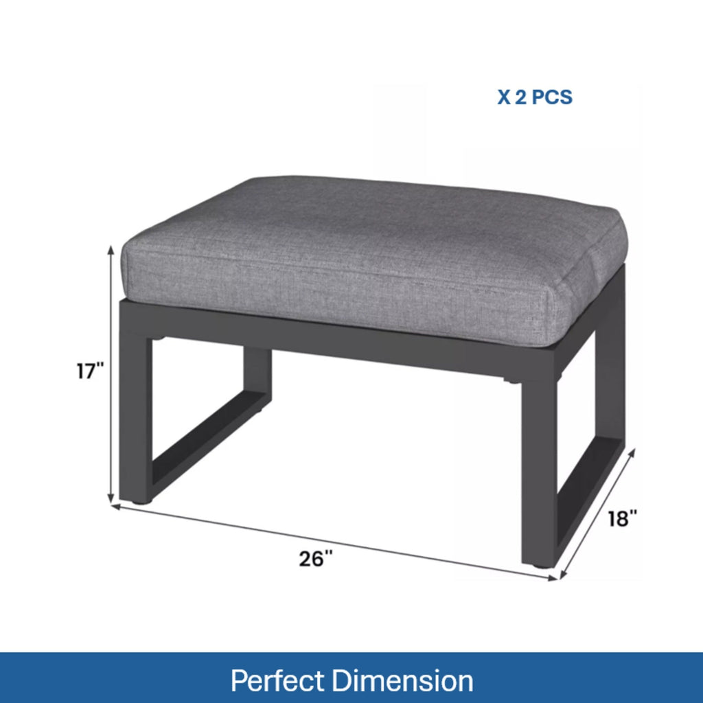 Outdoor Ottoman Aluminum Black Gray Cushion Rectangular Set of 2