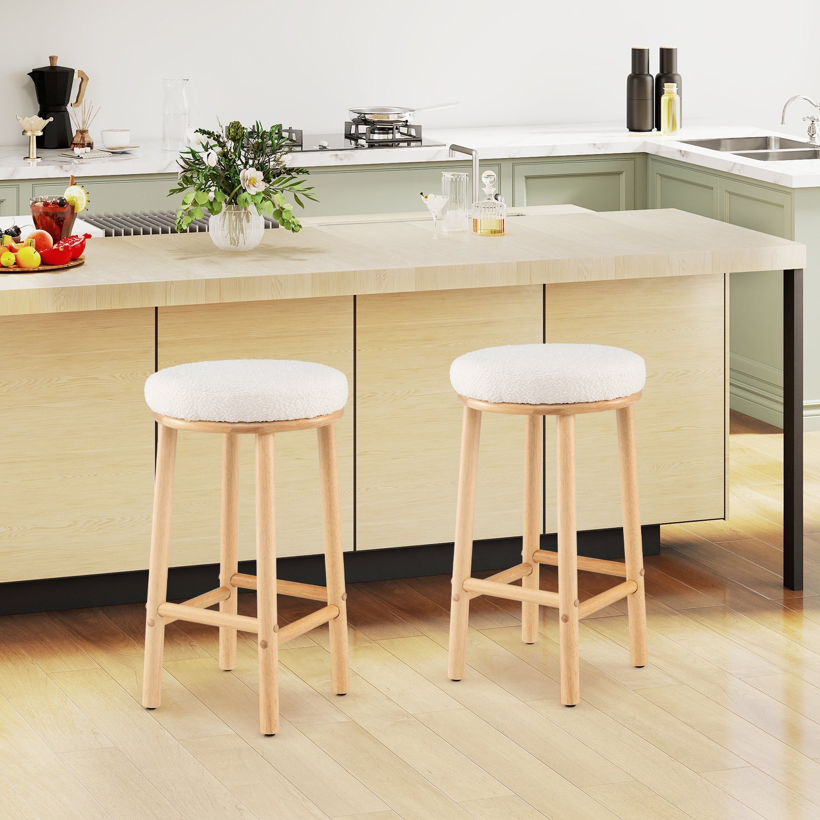 27" Bar Stools Set of 2 Upholstered Barstools with Boucle Fabric Seats-White