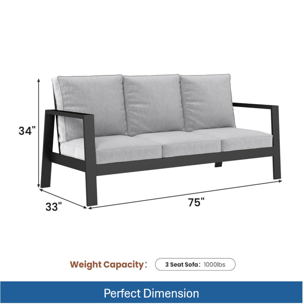 Outdoor Sofa Aluminum Black Light Gray Cushions 3 Seat 75in