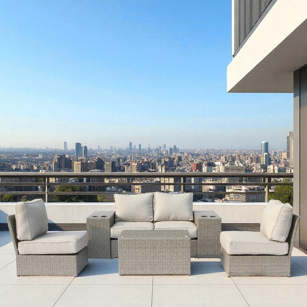 Outdoor Sectional Set HDPE Wicker Aluminum Gray 7 Piece Fully Assembled