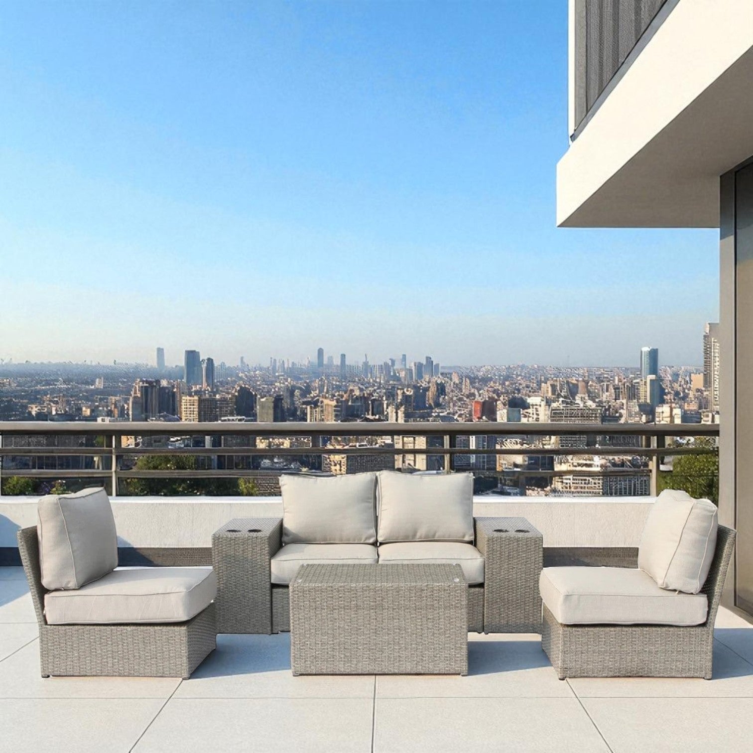 Outdoor Sectional Set HDPE Wicker Aluminum Gray 7 Piece Fully Assembled