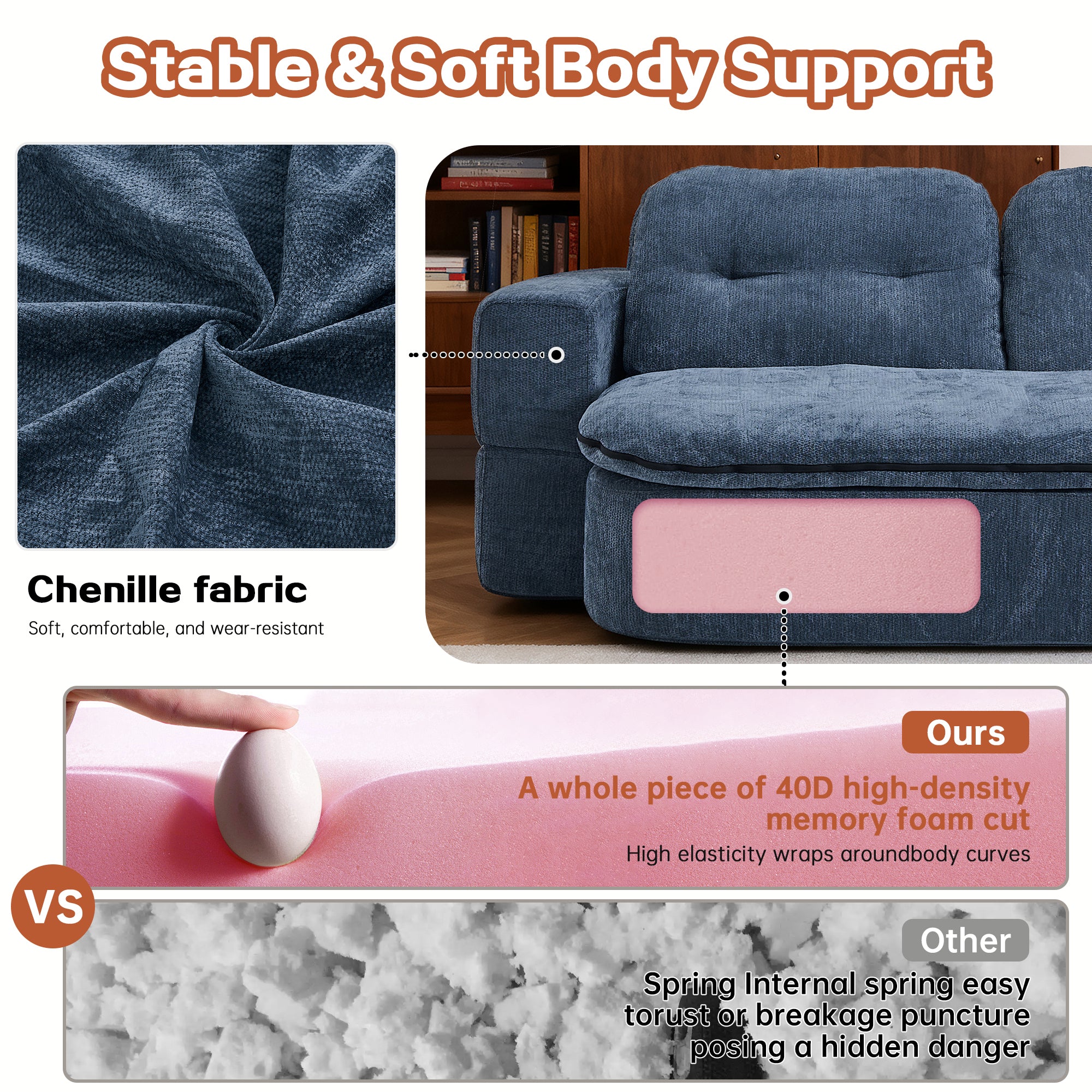 Sofa Bed Floor Modern Dark Blue Convertible Sleeper No Assembly 78.7 In