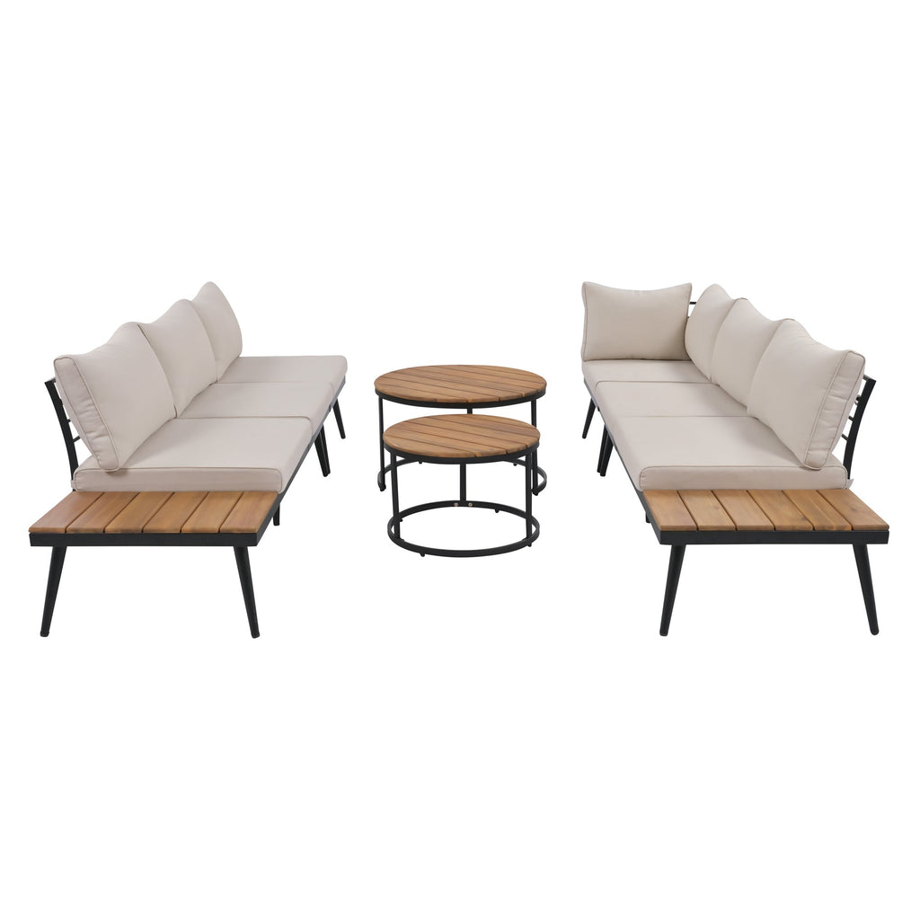 Outdoor Sectional Set Acacia Wood Steel Beige Cushion 6 Piece Seats 5