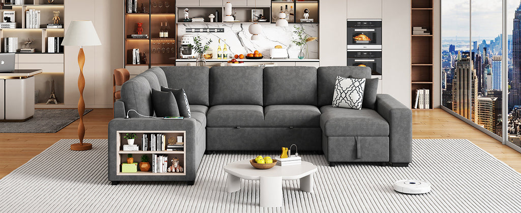 Sectional Sofa U-Shape Chenille Gray 5 Seat USB Ports Pull-Out 109 In
