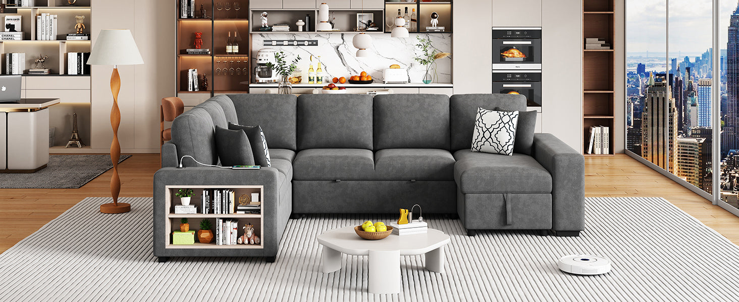 Sectional Sofa U-Shape Chenille Gray 5 Seat USB Ports Pull-Out 109 In