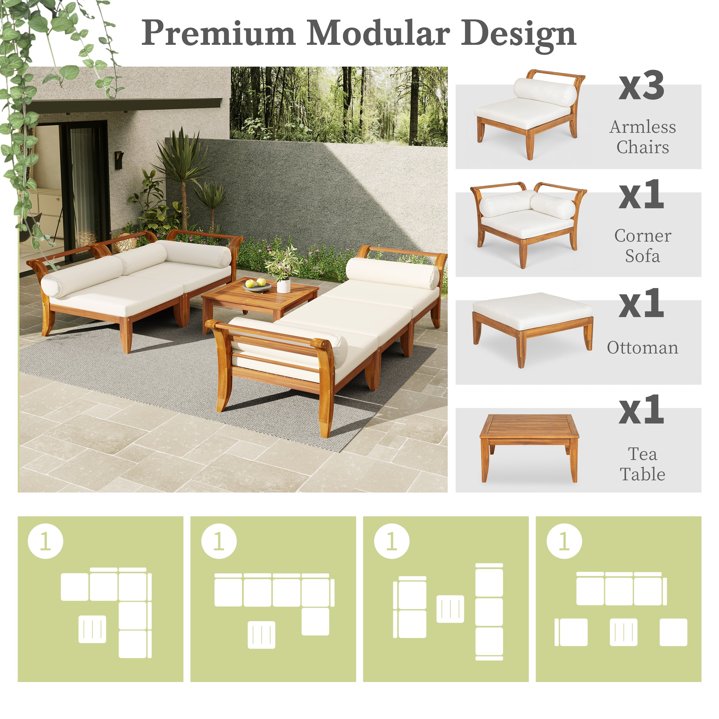 Outdoor Patio Set L-Shape Acacia Wood Teak Beige Cushions 6 Piece