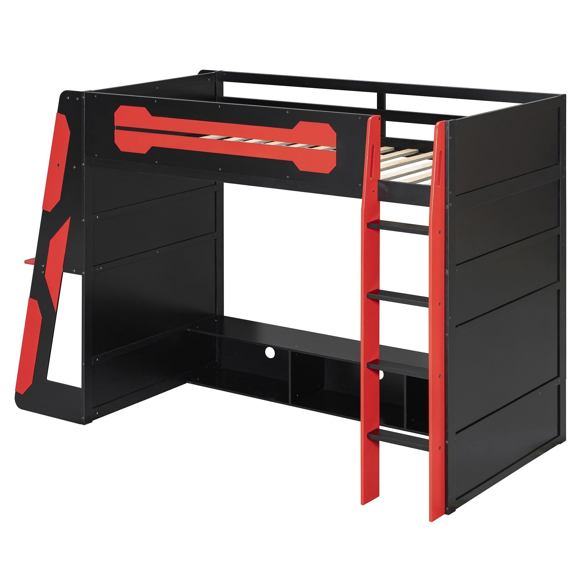 Twin Size Wood Loft Bed with Desk, Multi-storage Shelves and RGB Light, Red