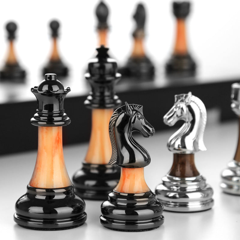 Solid wood folding chessboard imitation jade chess pieces Western chess retro European ornaments