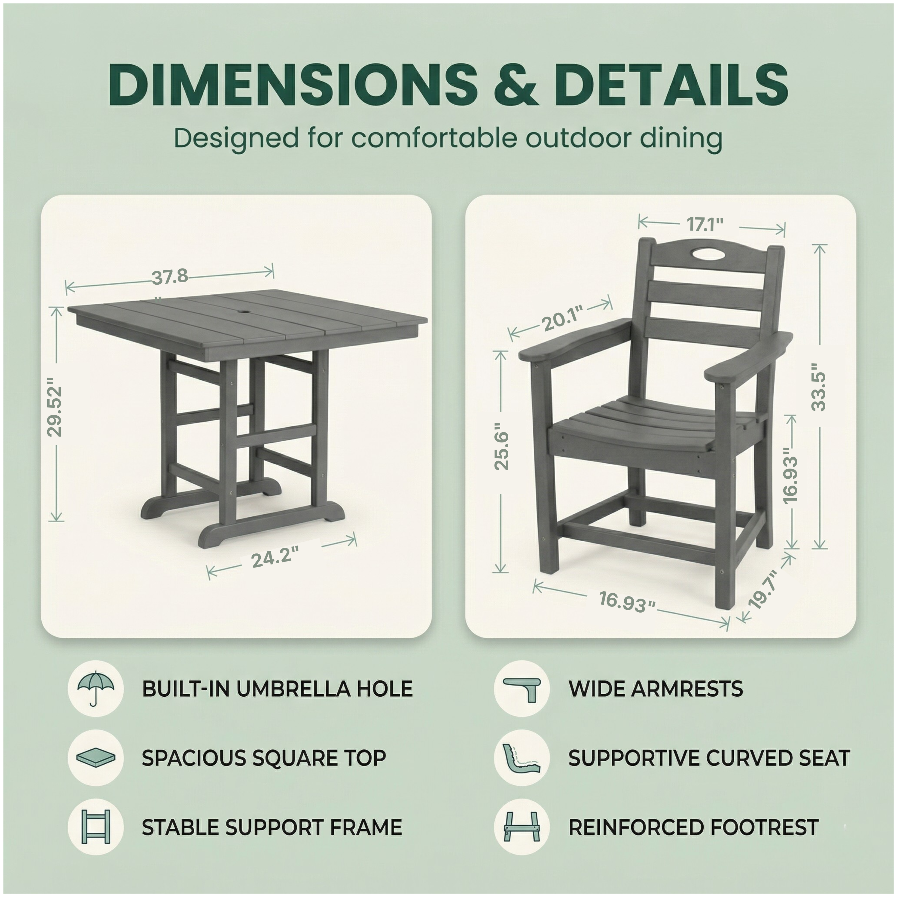 Outdoor Patio Set HDPE Gray 3 Piece Square Table 2 Armchairs Seats 2