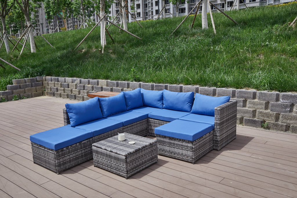 Outdoor Patio Sofa Set PE Rattan Blue Gray All Weather Steel Frame