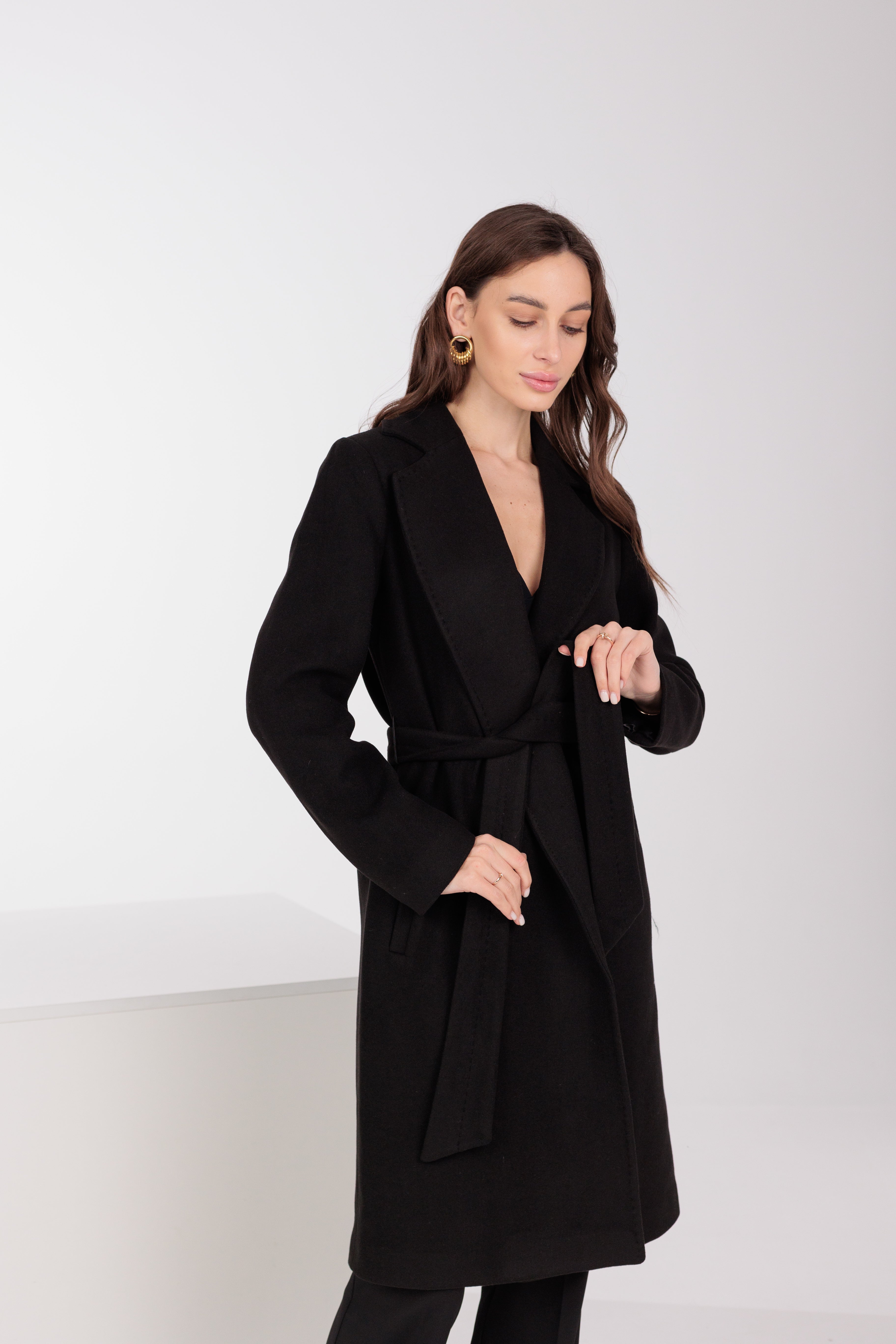 Geneva Classic Wraparound Wool Blend Overcoat in Black