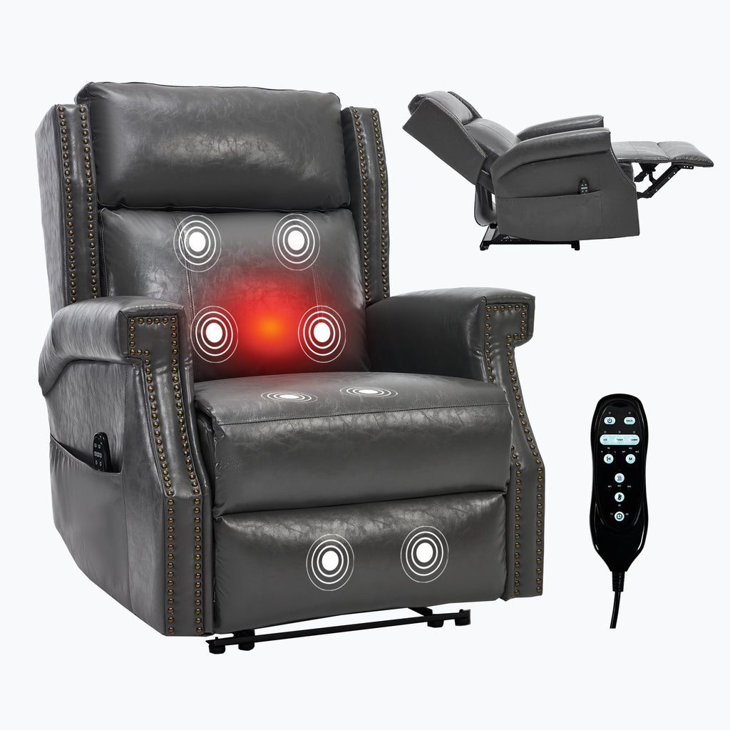 Recliner Chair Manual Faux Leather Gray Heat Massage 155 Degree 8 Nodes