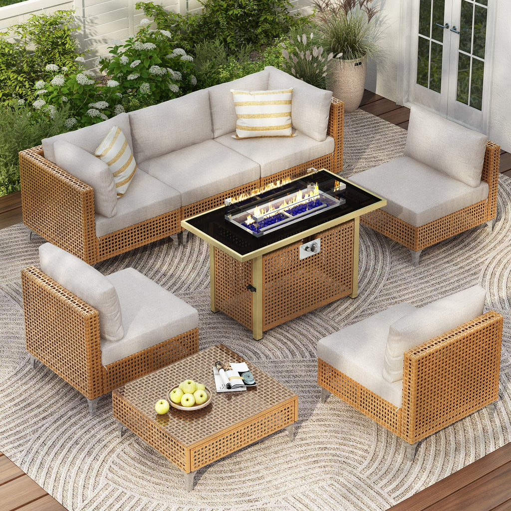 Outdoor Patio Set with Fire Pit Table Rattan Metal Beige 8 Piece