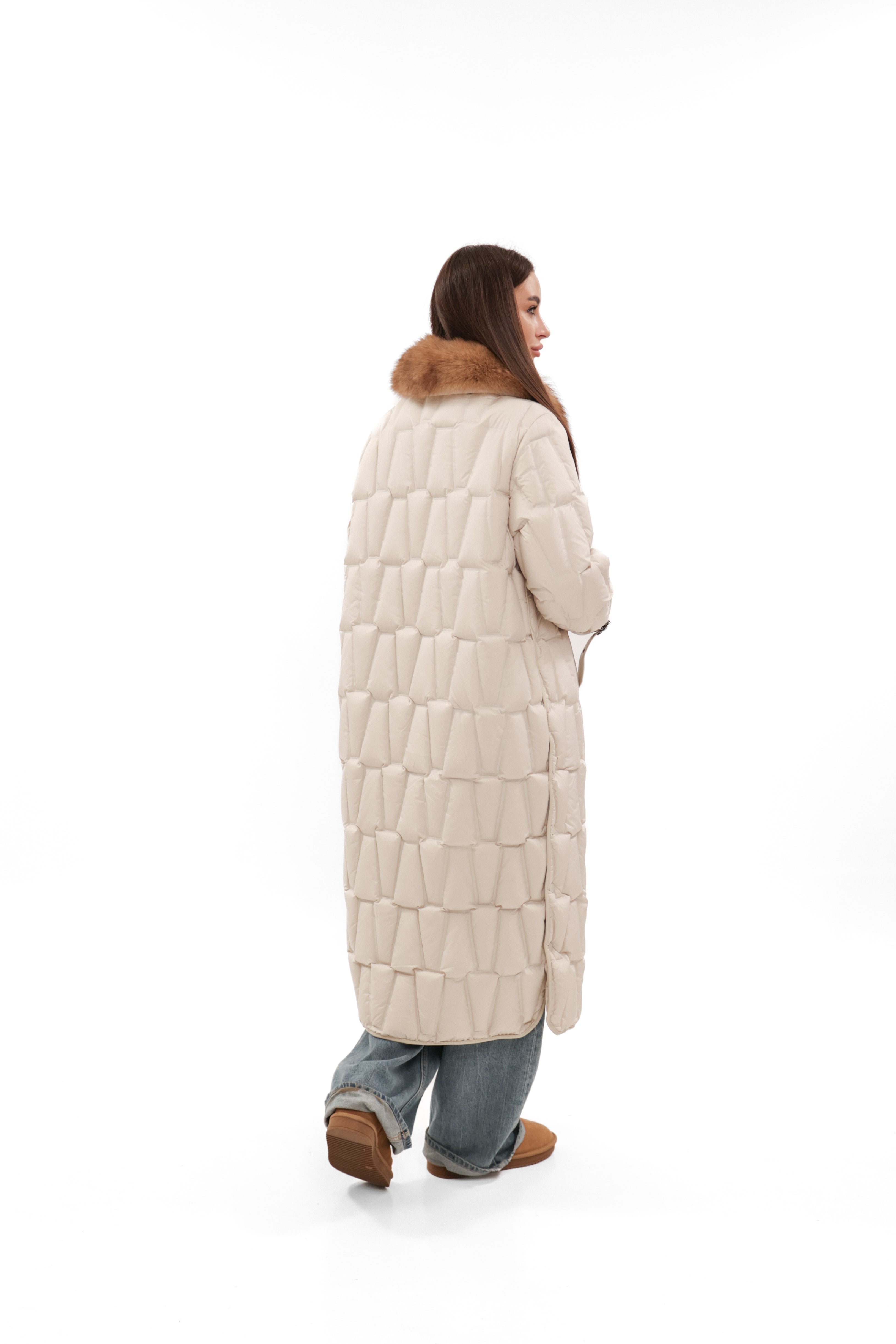 Riley Genuine Fur Trim Down Fill Coat in Ivory