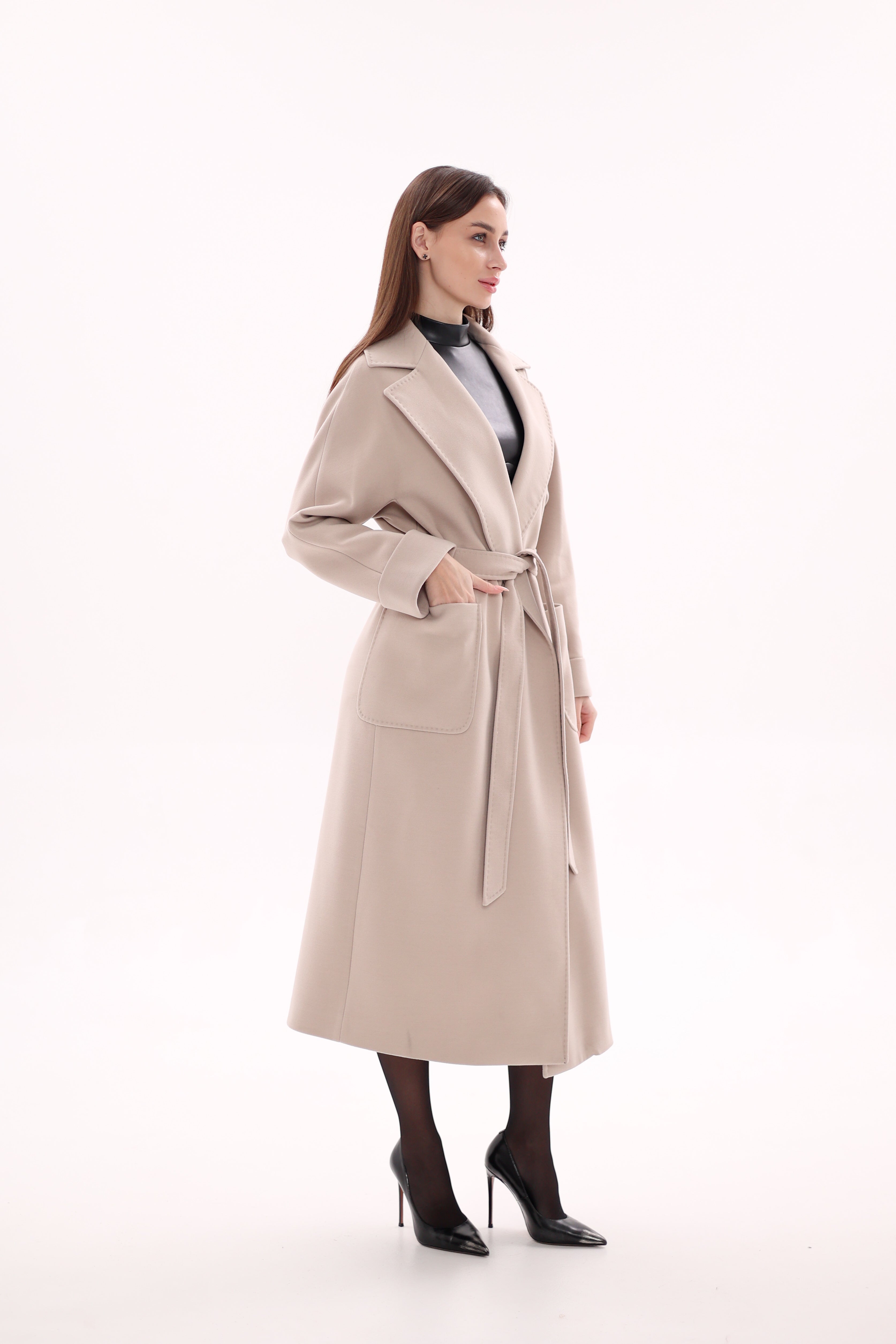 Marley Wraparound Wool Cashmere Coat in Nude