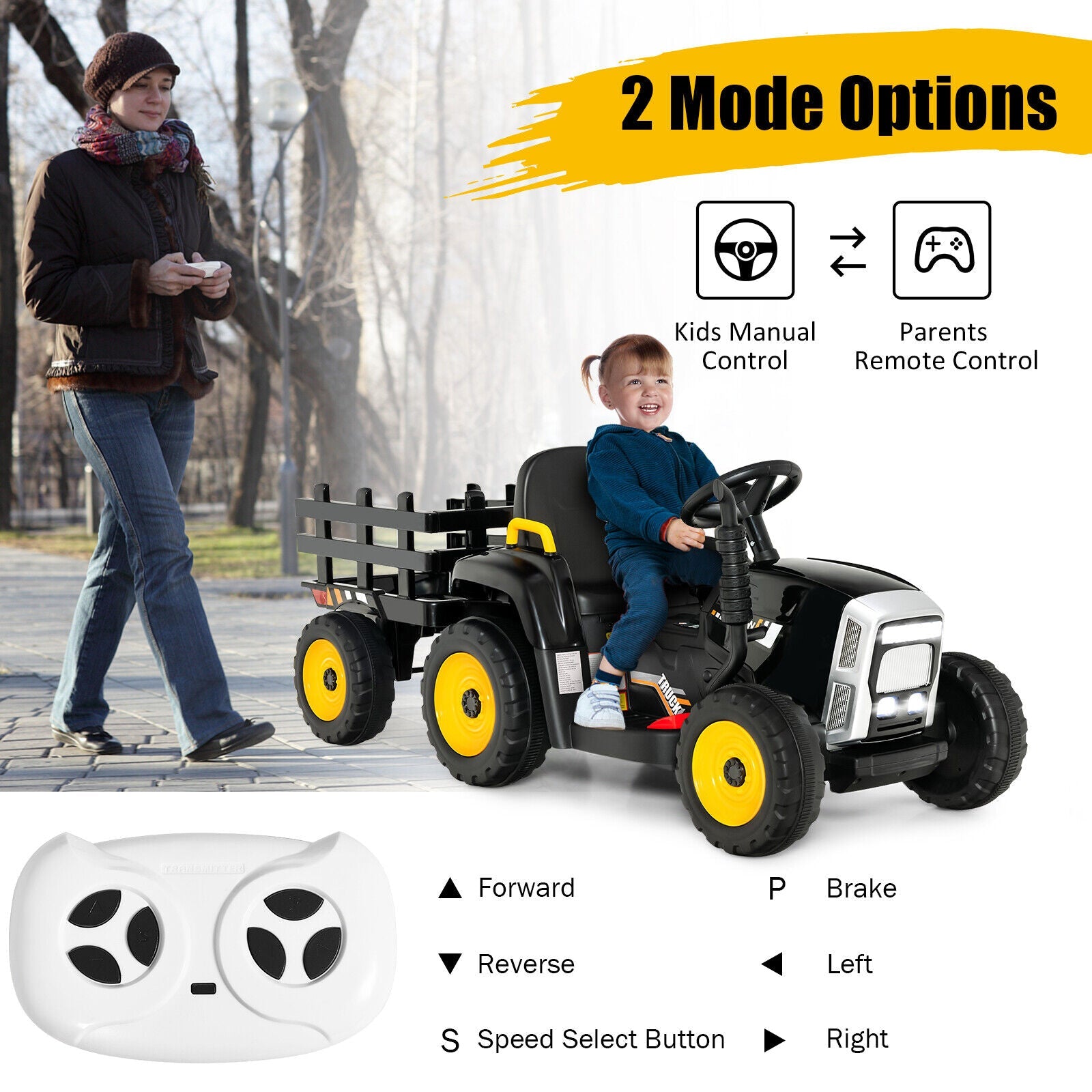 12V Ride on Tractor with 3-Gear-Shift Ground Loader for Kids 3+ Years Old