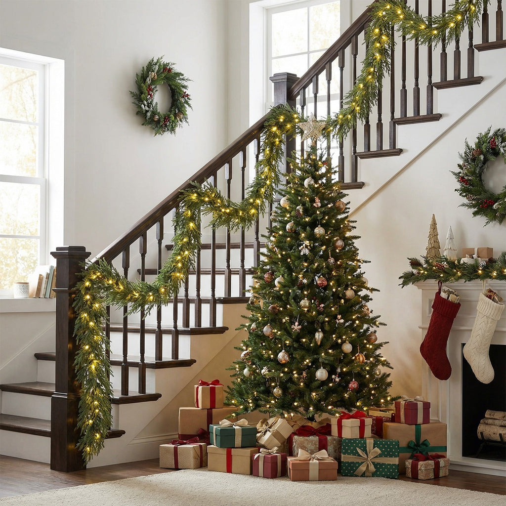 9 FT Pre-lit Artificial Cypress Christmas Garland with 50 Warm White LED Lights and 130 Branch Tips