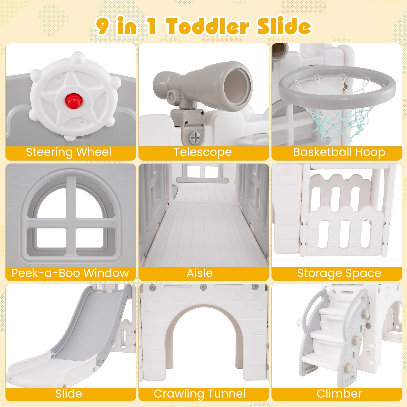 9-in-1 Toddler Slide L-Shaped with Basketball Hoop and Steering Wheel