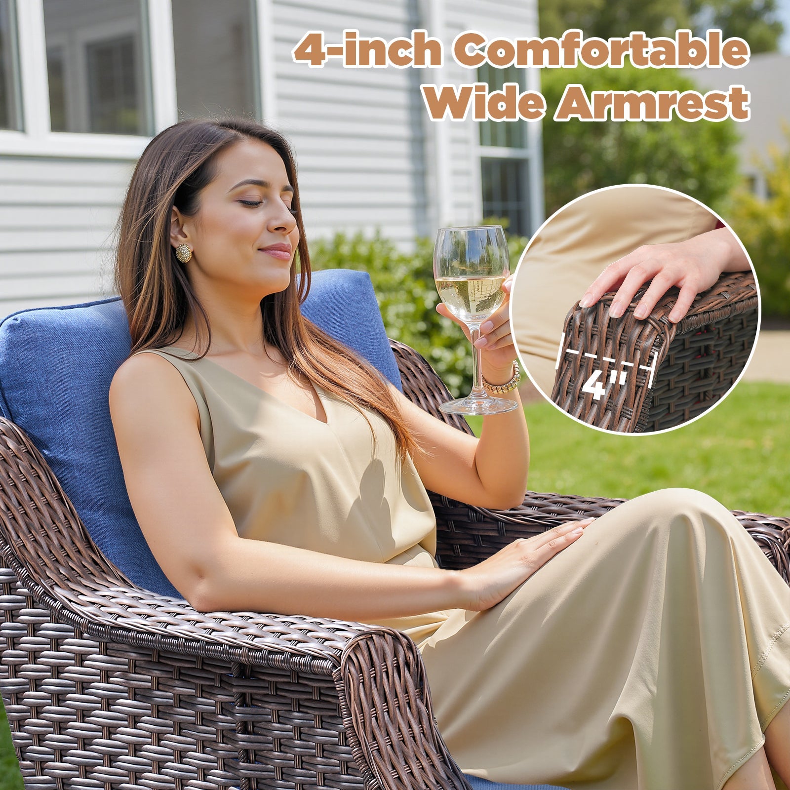 Outdoor Patio Wicker Swivel Rocker 3 Piece Set Blue