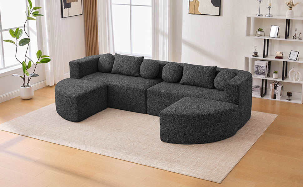 Sectional Sofa U-Shape Modular Boucle Black 6-Seat Deep Seating 114.9x64.5 In